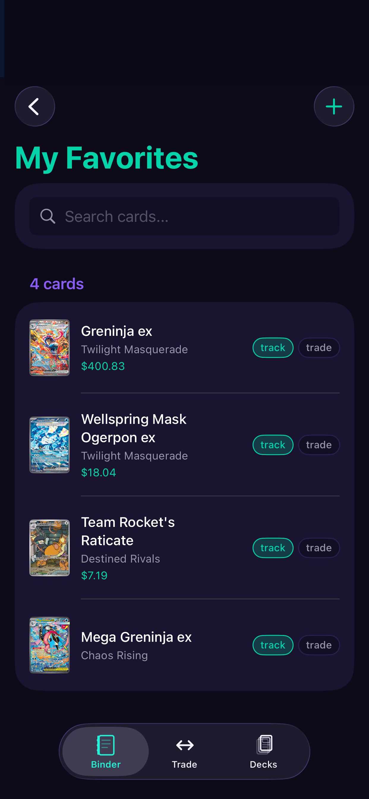 TCG Multi-Tool binder screen showing tracked cards with market prices